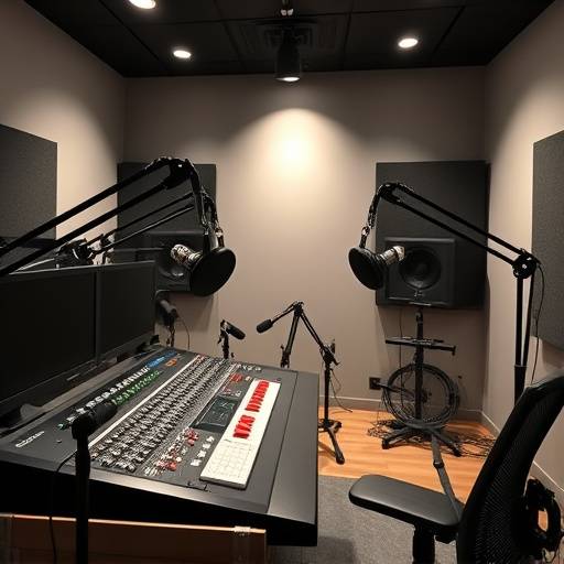 Studio di registrazione podcast professionale con microfoni e console.